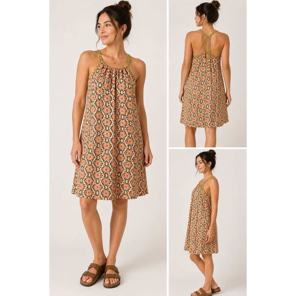 Prana Quinn Dress Pink Olive Geometric Ikat Print Racerback Shelf Bra Womens M